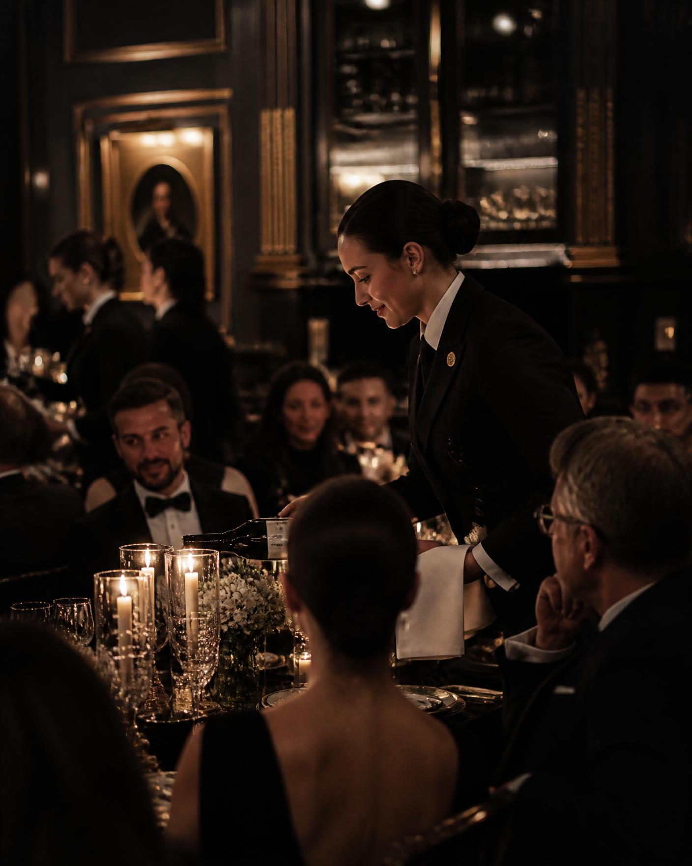 Hospitality staff serving guests at an elegant candlelit dinner