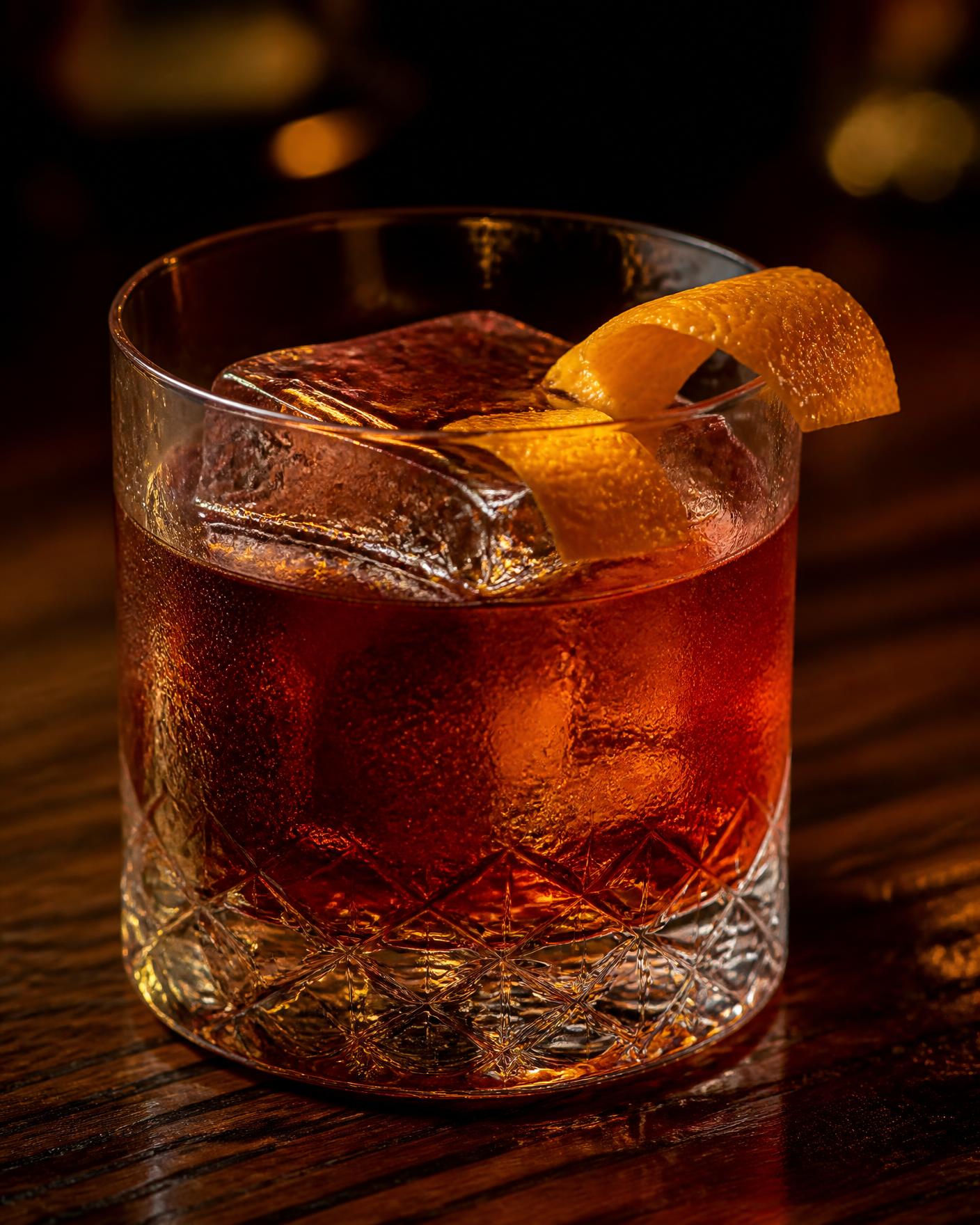 Crafted cocktail with a citrus twist on a dark bar top