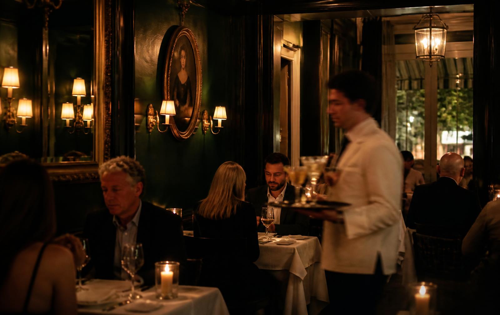 Server carrying drinks through an intimate candlelit restaurant